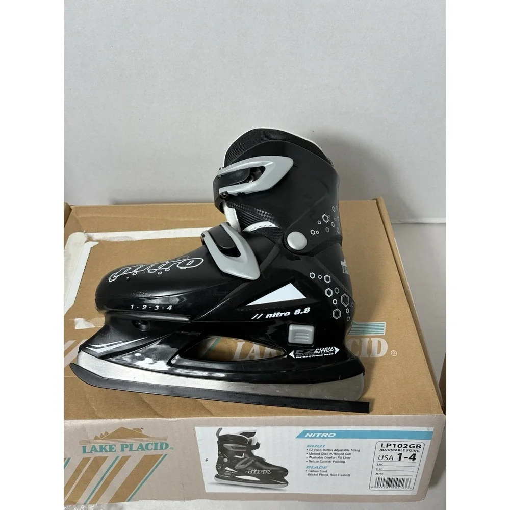 Lake Placid Boys Black Nitro Adjustable Ice Skates Youth Size 1-4 Washable Liner